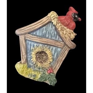 Vintage 90s Cardinal Birdhouse Brooch Pin Holly Christmas Holiday Jewelry Gift